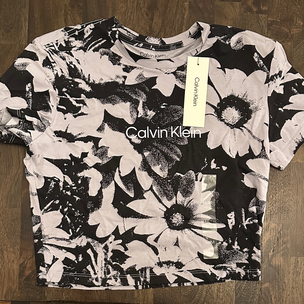 Calvin Klein Black and Purple Floral Short Sleeve Tee